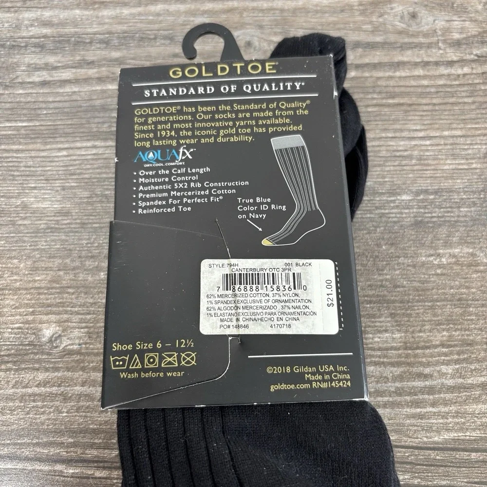 GOLDTOE Black Dress Socks Canterbury Over The Calf 3 Pairs Comfort Fit Sz 6-12.5